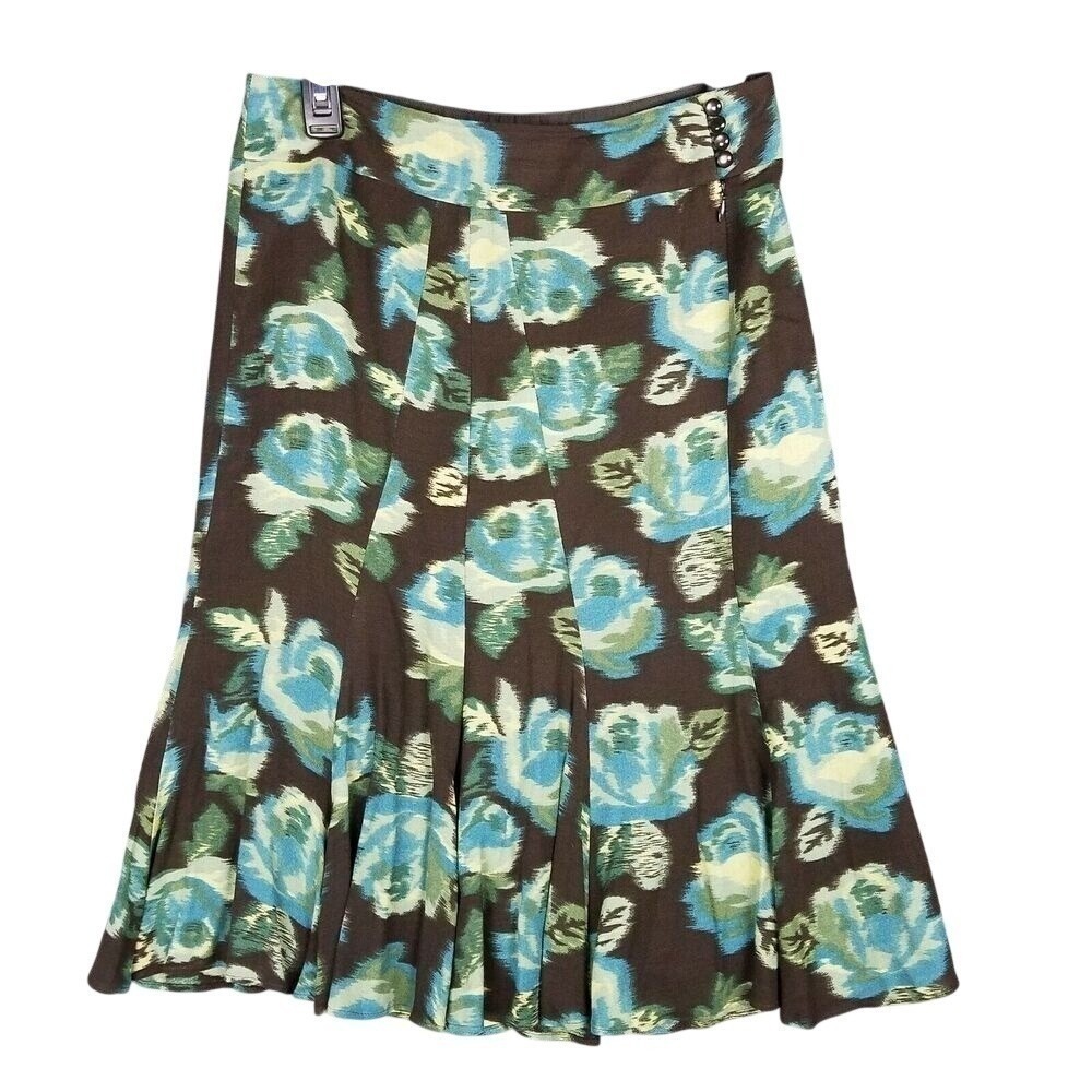 Ann Taylor LOFT Floral A-Line Skirt W2 Blue Green Rose Print Side Zip Casual